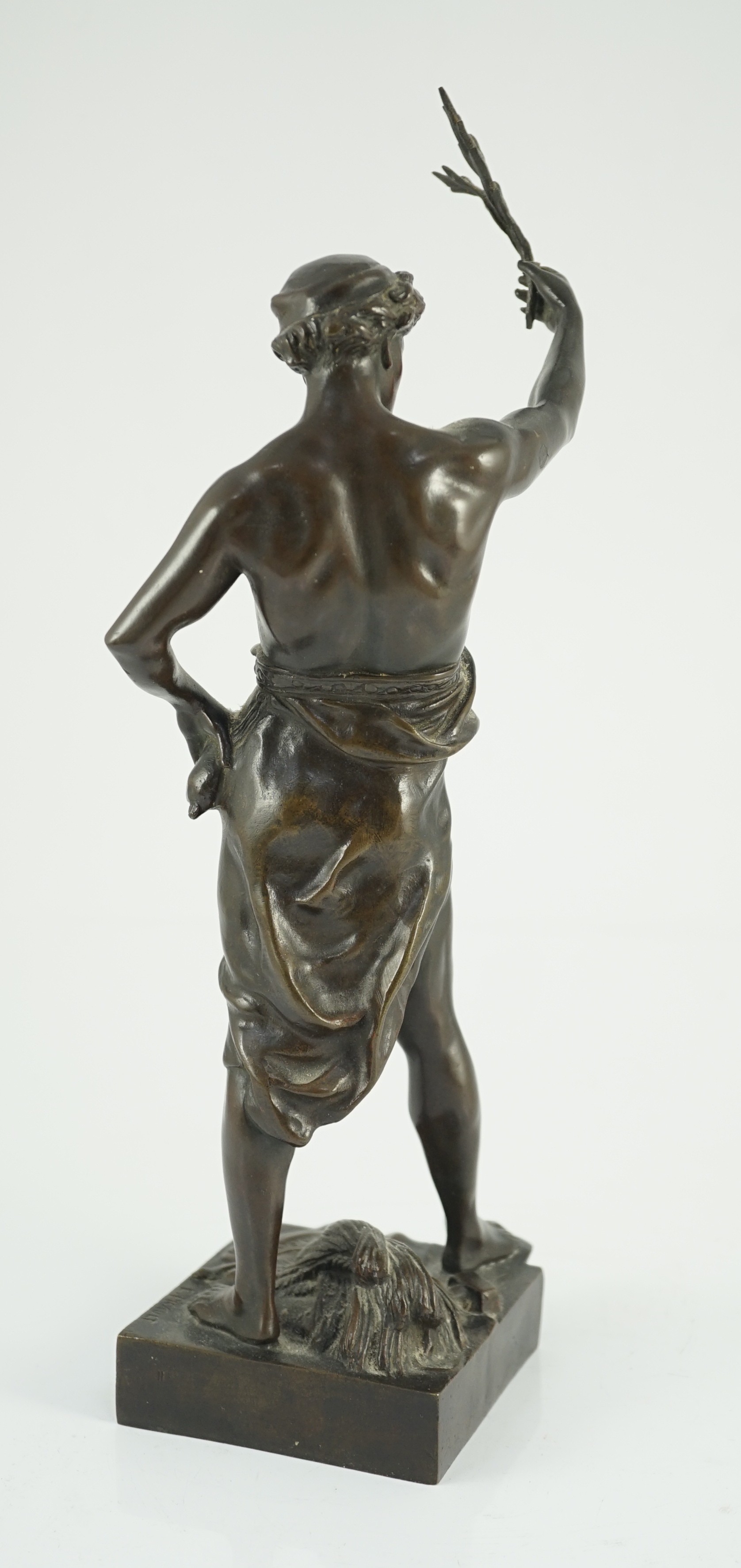 Emile Louis Picault (1833-1915). A French bronze figure 'Per Laborem' modelled as a classical athlete holding aloft a laurel sprig, 34cm high